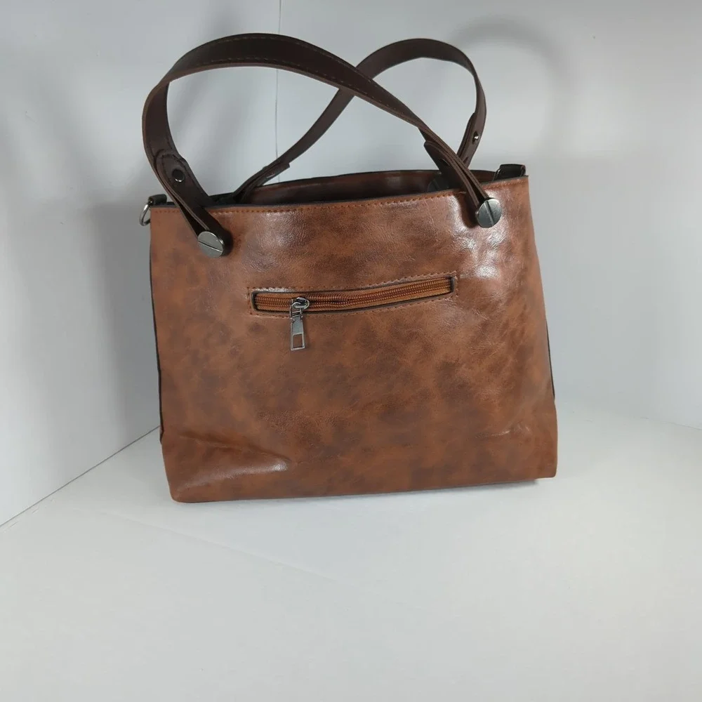 Brown Soft Vegan Leather Satchel Handbag Multi-Pocket Organizer Purse NEW